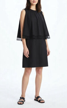 Hache Dress Crew Neck Sleeveless Cotton Black Layered Shift Capelet 44 L